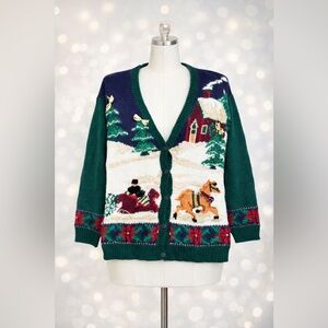 Vintage Weekend Edition Christmas Cardigan Sleigh Horse Cottagecore M Wool Blend